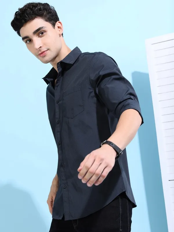  Ketch Men Blue Solid Slim Fit Casual Shirts