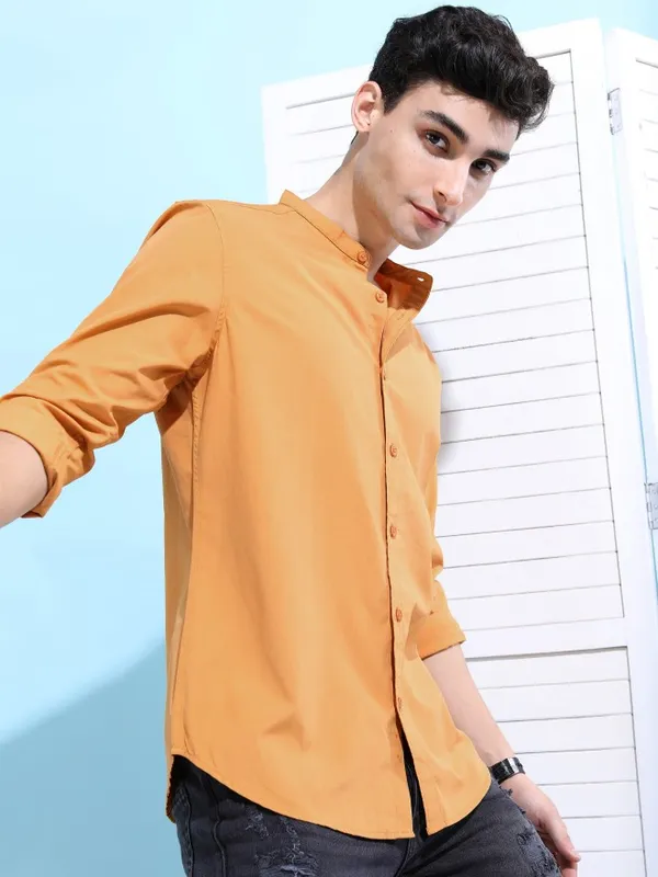  Ketch Men Yellow Solid Slim Fit Casual Shirts