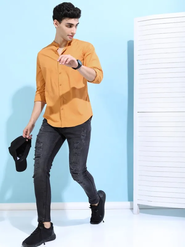  Ketch Men Yellow Solid Slim Fit Casual Shirts