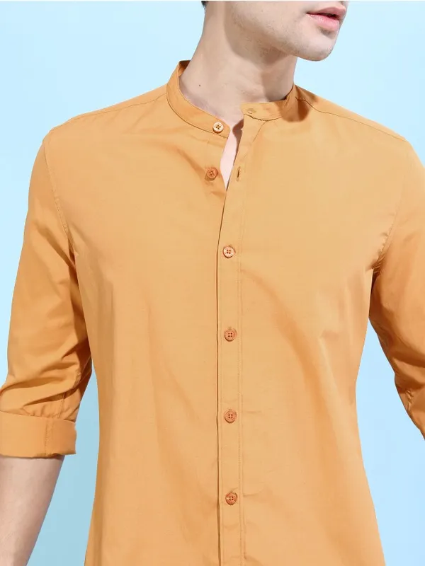  Ketch Men Yellow Solid Slim Fit Casual Shirts