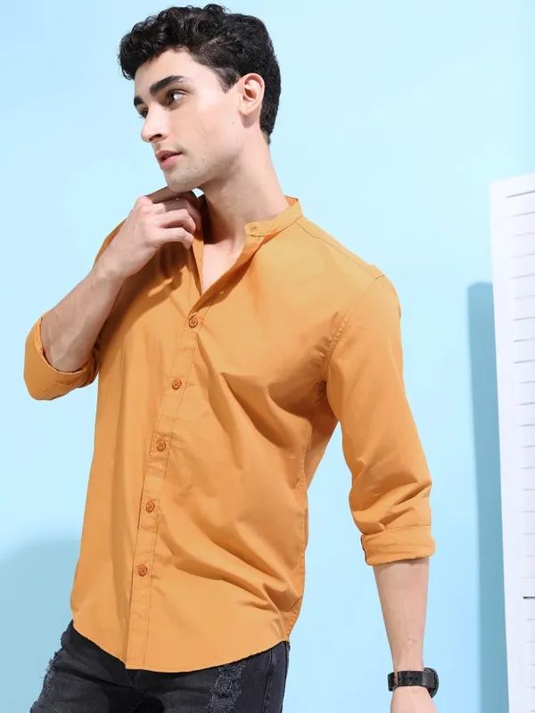  Ketch Men Yellow Solid Slim Fit Casual Shirts