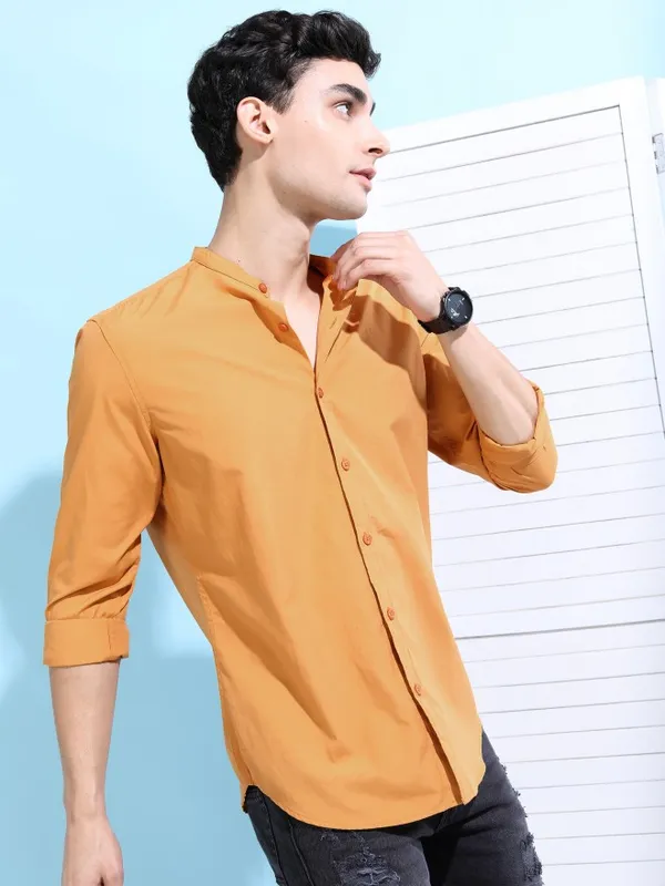  Ketch Men Yellow Solid Slim Fit Casual Shirts