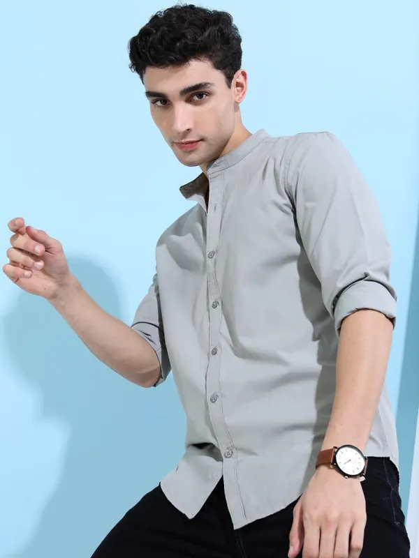  Ketch Men Grey Solid Slim Fit Casual Shirts