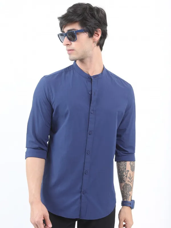  Ketch Men Blue Solid Slim Fit Casual Shirts