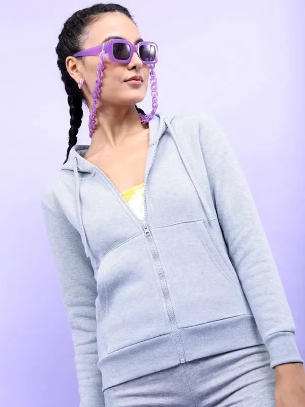  Tokyo Talkies Women Grey Solid Front-Open Hood Sweatshirts