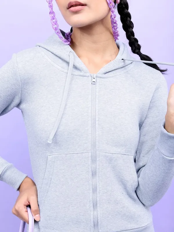  Tokyo Talkies Women Grey Solid Front-Open Hood Sweatshirts