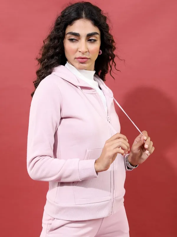  Tokyo Talkies Women Purple Solid Front-Open Hood Sweatshirts