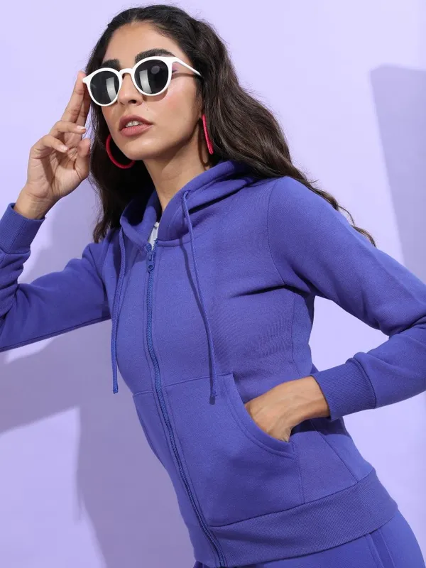  Tokyo Talkies Women Blue Solid Front-Open Hood Sweatshirts