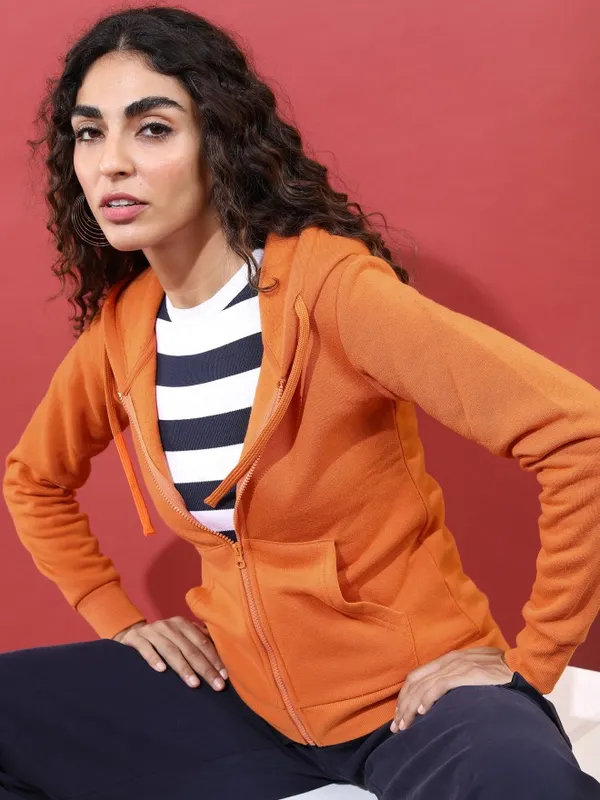  Tokyo Talkies Women Terracotta Solid Front-Open Hood Sweatshirts