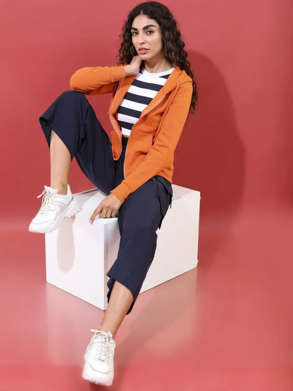  Tokyo Talkies Women Terracotta Solid Front-Open Hood Sweatshirts