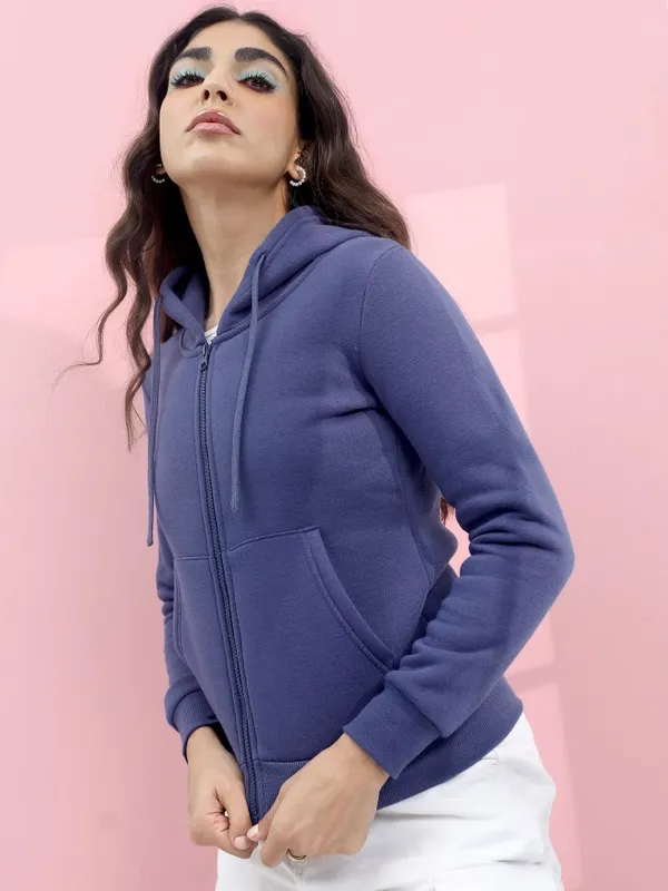  Tokyo Talkies Women Navy Blue Solid Front-Open Hood Sweatshirts