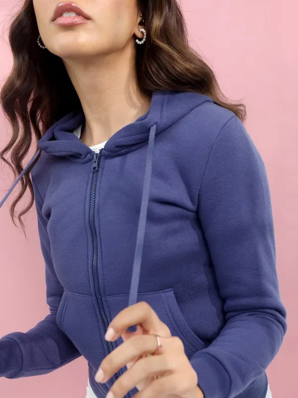  Tokyo Talkies Women Navy Blue Solid Front-Open Hood Sweatshirts