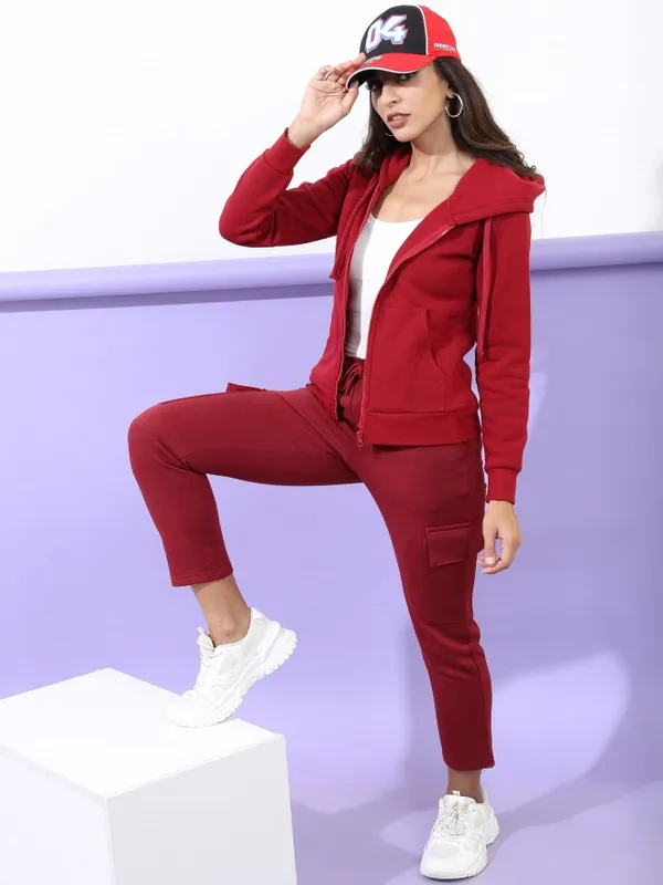  Tokyo Talkies Women Maroon Solid Front-Open Hood Sweatshirts