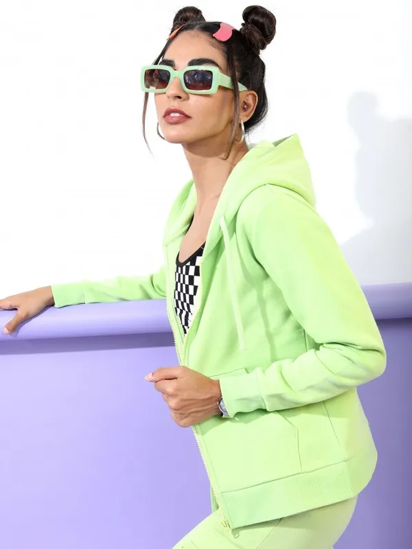  Tokyo Talkies Women Green Solid Front-Open Hood Sweatshirts