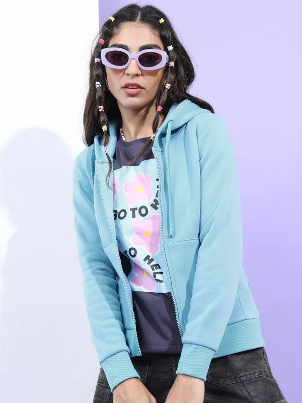 Tokyo Talkies Women Blue Solid Front-Open Hood Sweatshirts