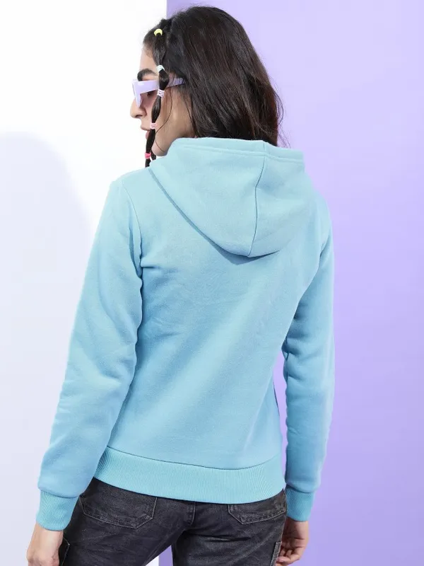  Tokyo Talkies Women Blue Solid Front-Open Hood Sweatshirts