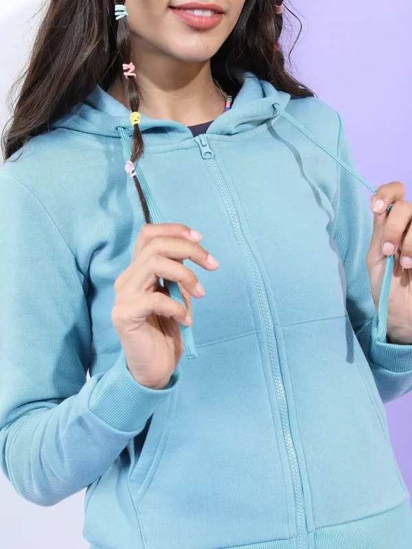  Tokyo Talkies Women Blue Solid Front-Open Hood Sweatshirts