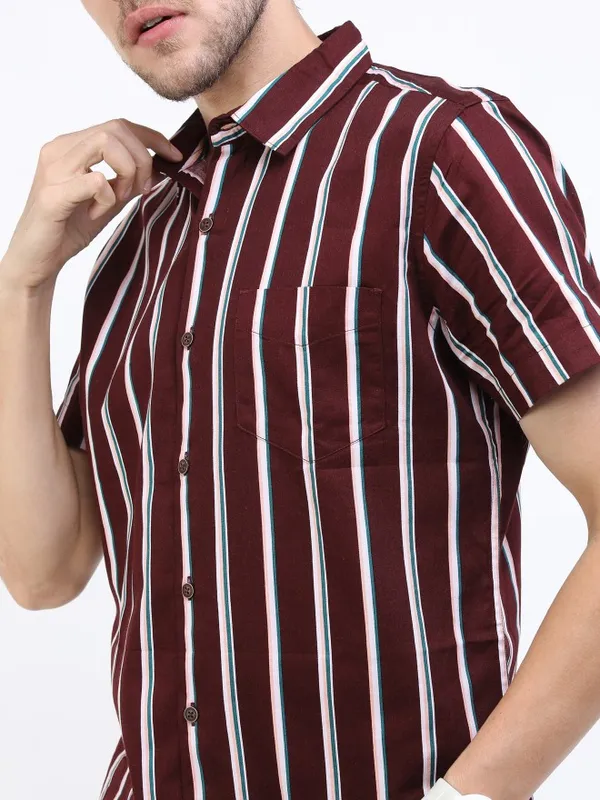  Highlander Men Maroon Striped Slim Fit Casual Shirts