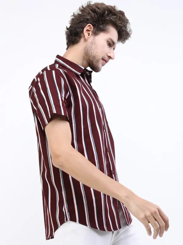 Highlander Men Maroon Striped Slim Fit Casual Shirts