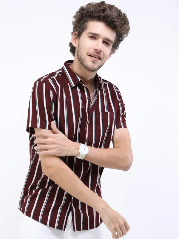  Highlander Men Maroon Striped Slim Fit Casual Shirts