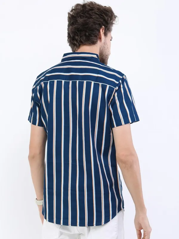 Highlander Men Navy Blue Striped Slim Fit Casual Shirt