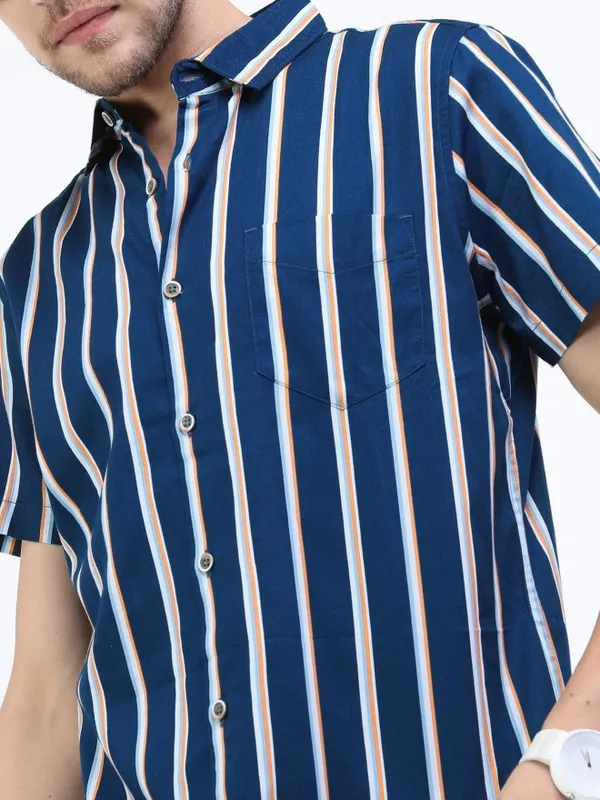 Highlander Men Navy Blue Striped Slim Fit Casual Shirt