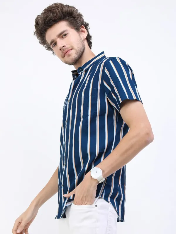 Highlander Men Navy Blue Striped Slim Fit Casual Shirt