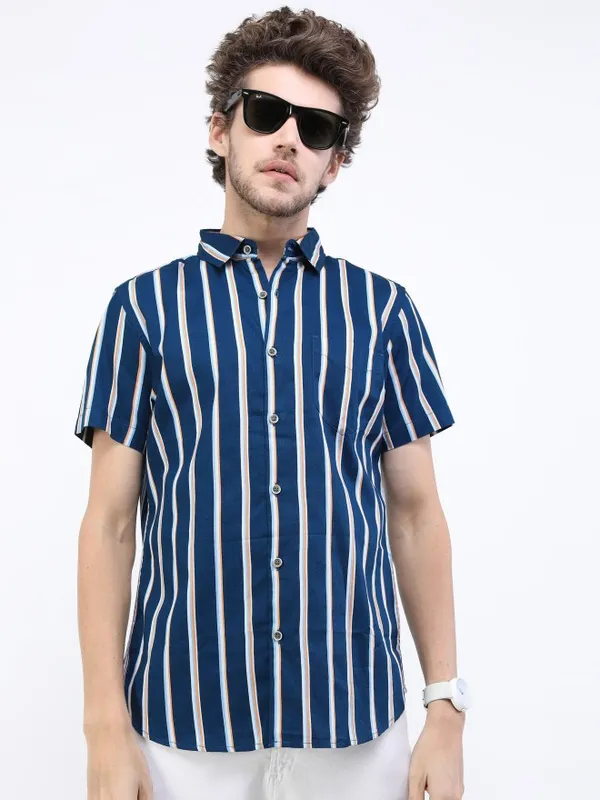 Highlander Men Navy Blue Striped Slim Fit Casual Shirt