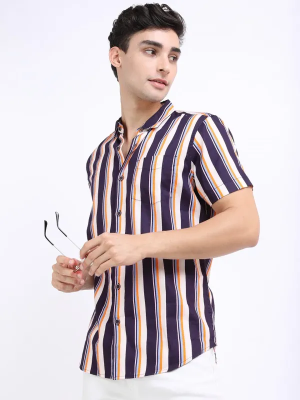  Highlander Men Purple Striped Slim Fit Casual Shirts