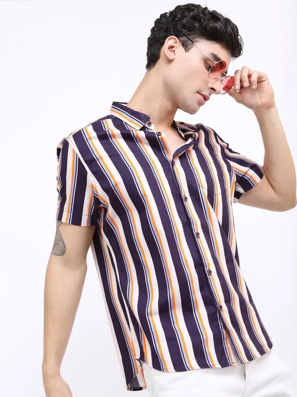  Highlander Men Purple Striped Slim Fit Casual Shirts