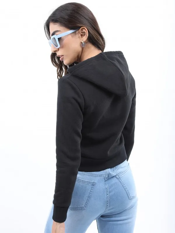  Ketch Women Black Solid Front-Open Hood Sweatshirts