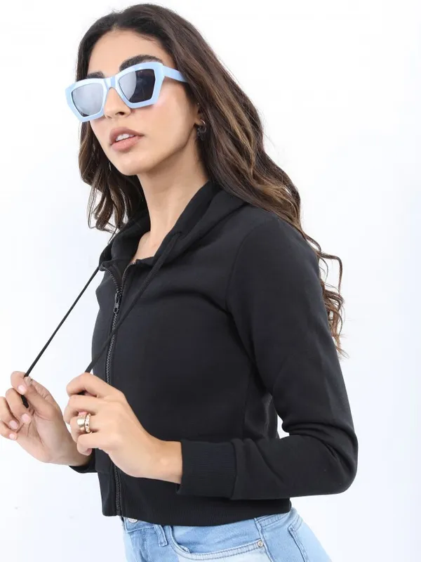  Ketch Women Black Solid Front-Open Hood Sweatshirts