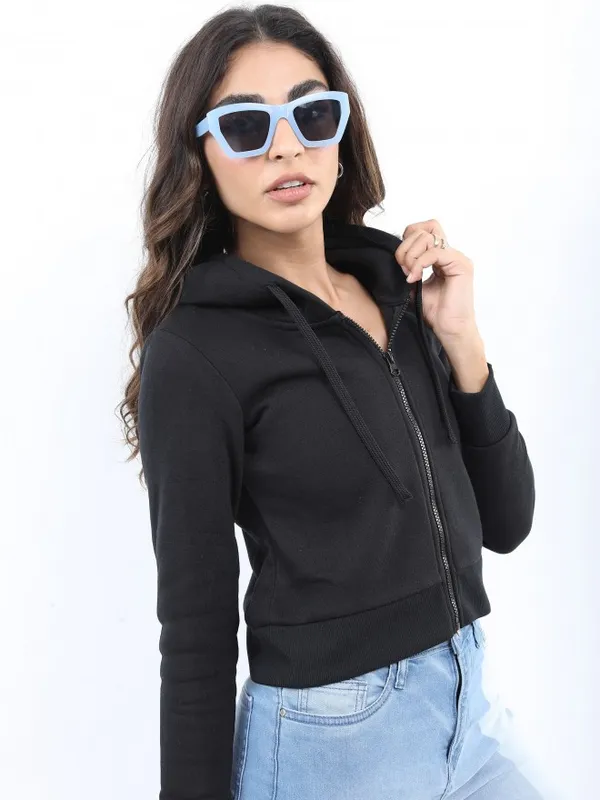  Ketch Women Black Solid Front-Open Hood Sweatshirts