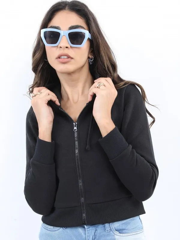  Ketch Women Black Solid Front-Open Hood Sweatshirts