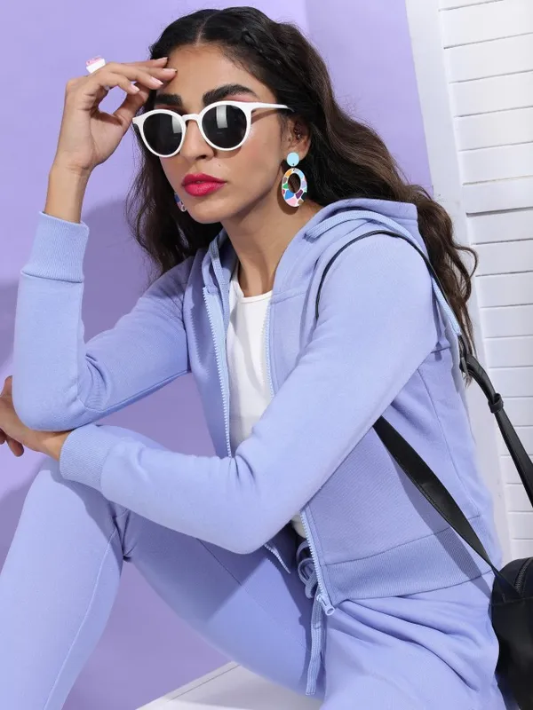  Tokyo Talkies Women Blue Solid Front-Open Hood Sweatshirts