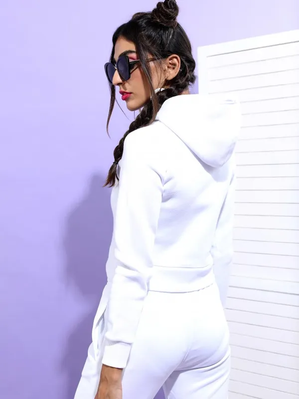  Tokyo Talkies Women White Solid Front-Open Hood Sweatshirts