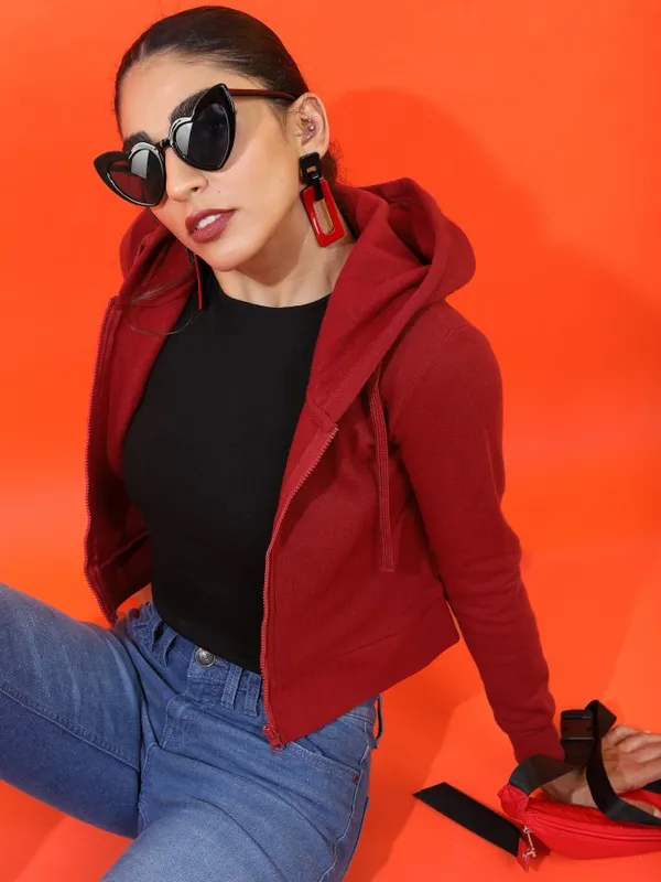  Tokyo Talkies Women Maroon Solid Front-Open Hood Sweatshirts