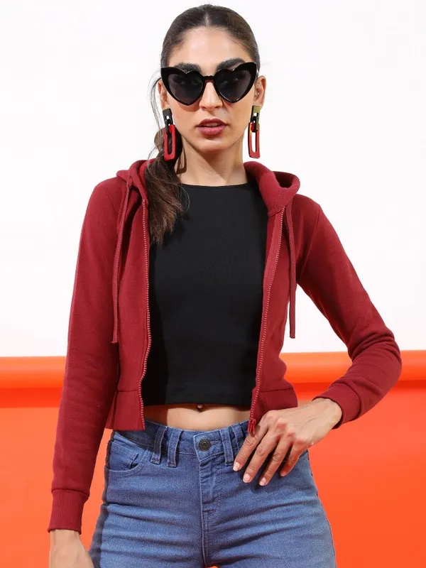  Tokyo Talkies Women Maroon Solid Front-Open Hood Sweatshirts