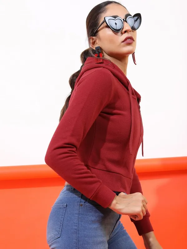  Tokyo Talkies Women Maroon Solid Front-Open Hood Sweatshirts