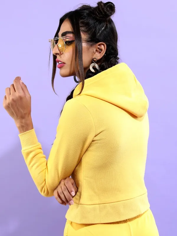 Tokyo Talkies Women Yellow Solid Front-Open Hood Sweatshirts