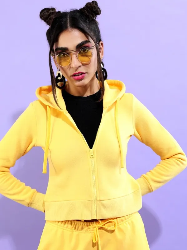  Tokyo Talkies Women Yellow Solid Front-Open Hood Sweatshirts