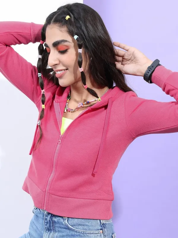  Tokyo Talkies Women Pink Solid Front-Open Hood Sweatshirts