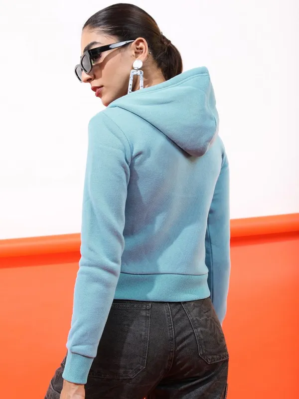  Tokyo Talkies Women Blue Solid Front-Open Hood Sweatshirts