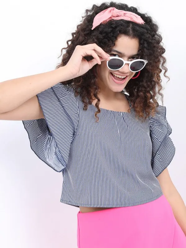  Ketch Women Navy Blue Striped Blouson Tops