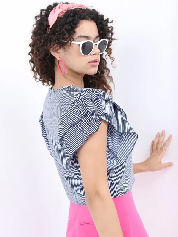  Ketch Women Navy Blue Striped Blouson Tops