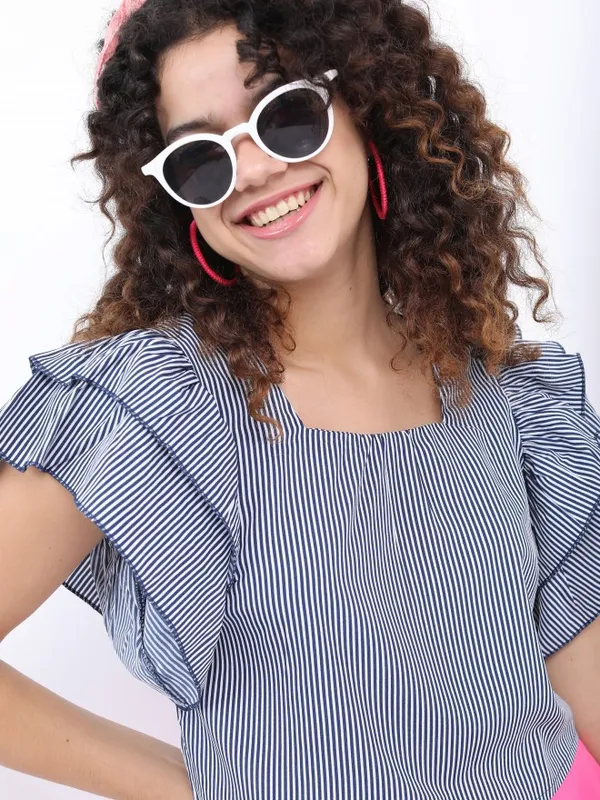  Ketch Women Navy Blue Striped Blouson Tops