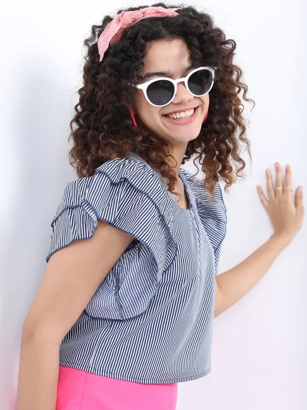 Ketch Women Navy Blue Striped Blouson Tops