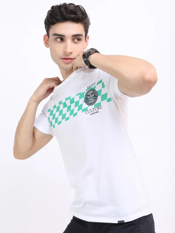  Ketch Men White Printed Round Neck T-Shirts