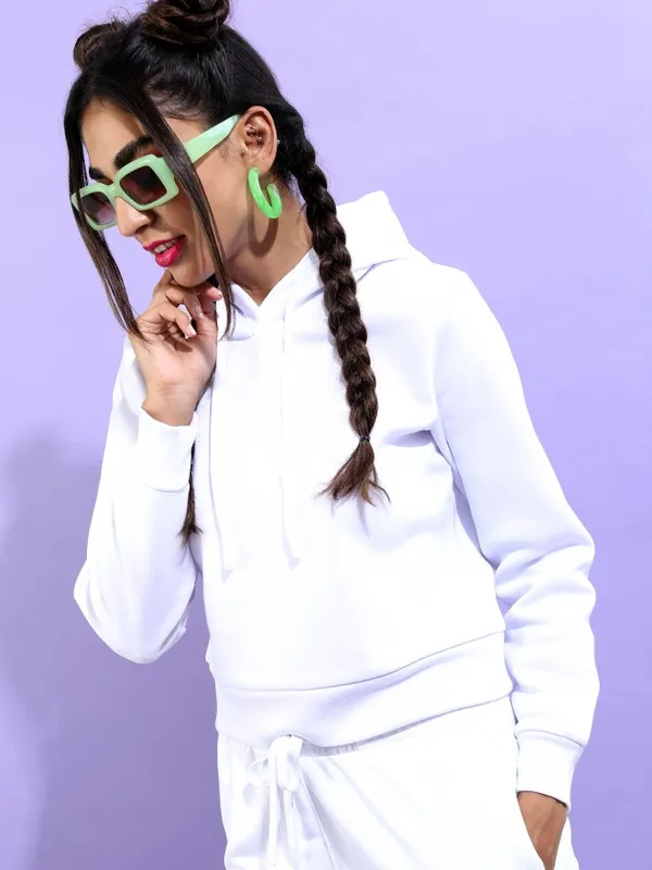  Ketch Women White Solid Pullover Hood Sweatshirts