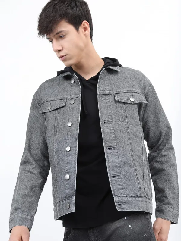 Ketch Men Grey Solid Denim Jacket